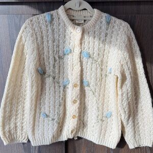 Vintage Cream Wool Cardigan Blue Floral Details, XS Fairy Babydoll